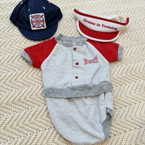 Buster Brown Vintage 3 Piece Baseball Outfit Baby Boy 3-6 Mos Romper 2 Hats Gray
